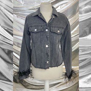 NATALY FEATHER TRIM DENIM JACKET | Long sleeve denim jacket with feather trim